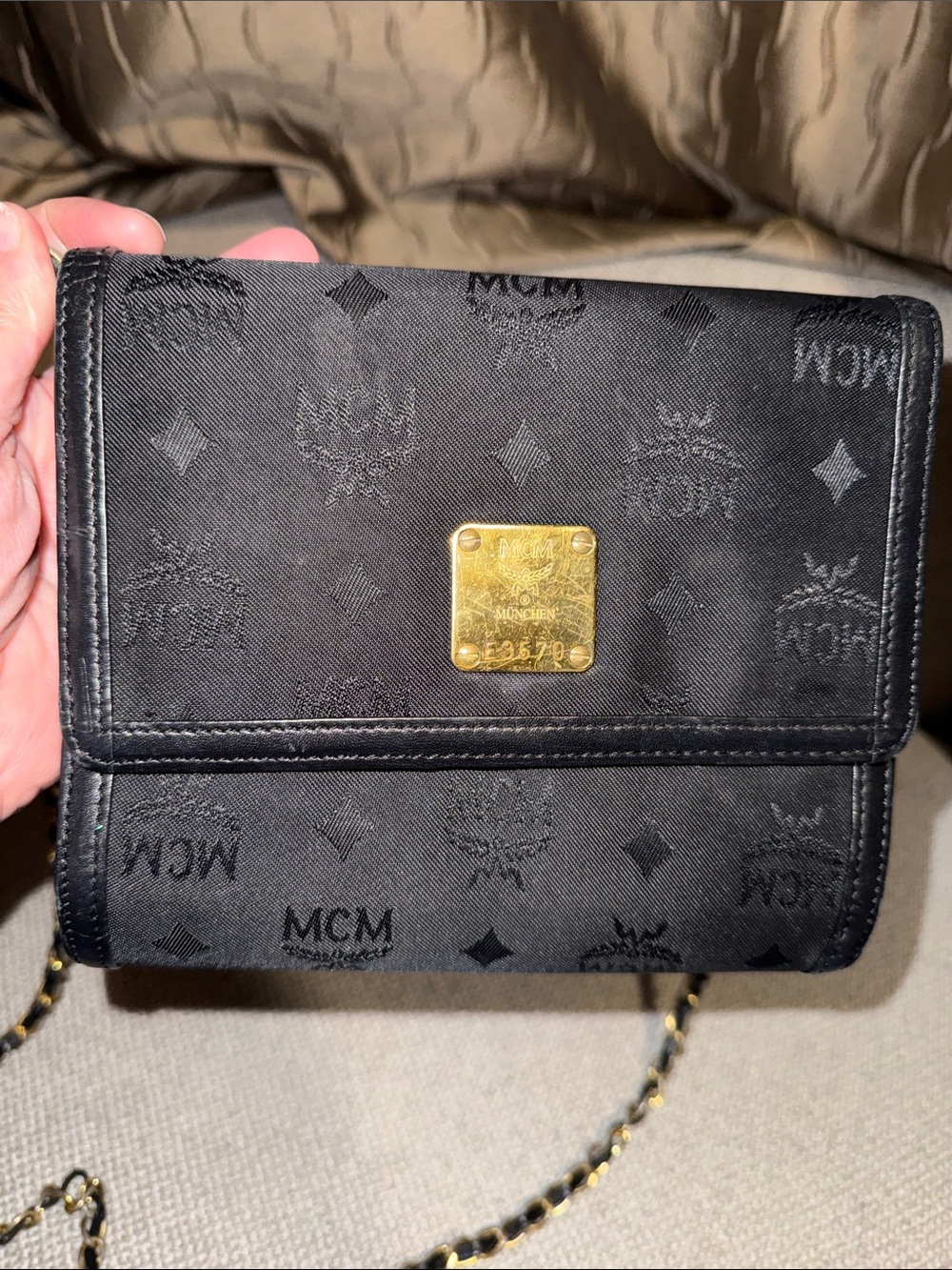 MCM Black Monogram Chain Shoulder Bag Clutch with Gold Plate - Picture 3 of 12